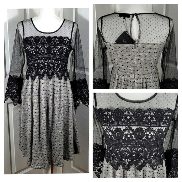 Ryu Black Swiss Dot Lace Gray Midi Dress w/ Black Crocheted Lace Detailing - Picture 1 of 16